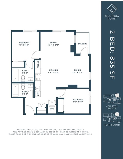 Floor plan for 2 beds, 2 baths, 900 sqft